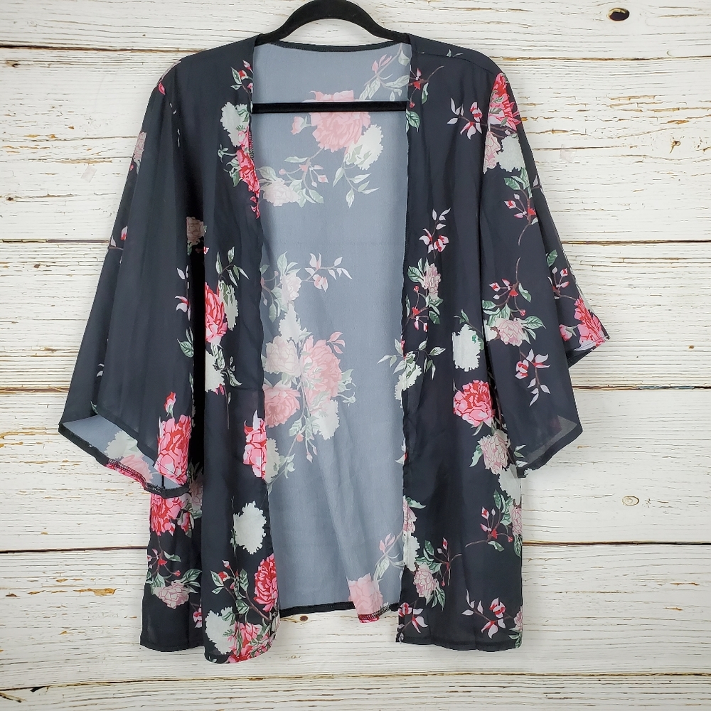 NWOT Black Floral Print Open Front Jacket